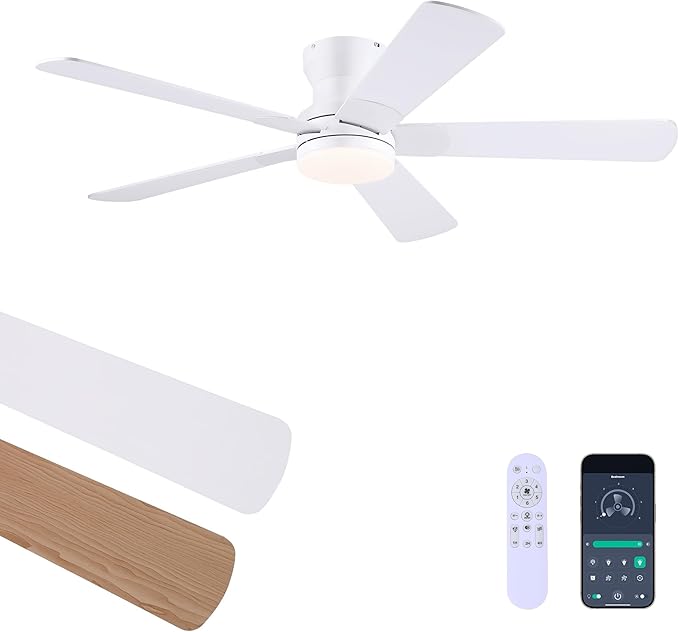 52" White Ceiling Fans with Lights and Remote/APP - Flush Mount Low Profile Ceiling Fan with 5 Reversible Dual-Sided Blades, Dimmable, 1/2/4H Timer, Modern Indoor Fan Light for Kitchen, Bedroom