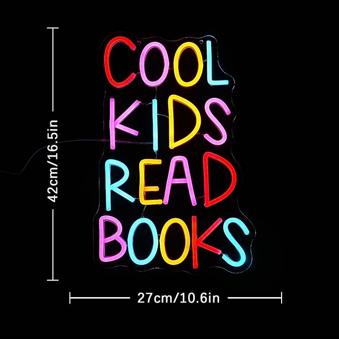 Cool Kids Read Books Neon Sign for Wall Decor Reading Letter LED Neon Lights Library Neon Light Sign Kids Room Library Classroom Reading Corner Decoration(16.5''*10.6'')
