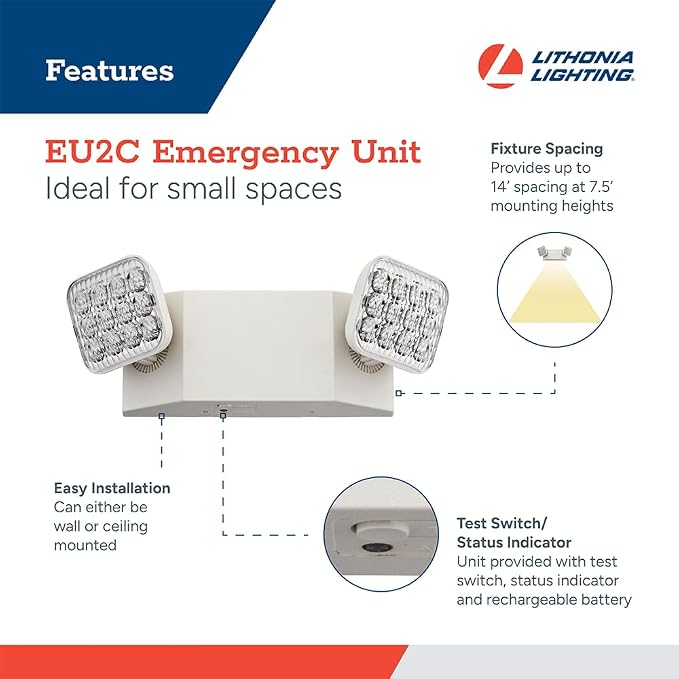 Lithonia Lighting Basics LED Emergency Light, Emergency Lighting with Dual Adjustable LED Lamp Heads, Wall Mount, Damp Location Rated, 90-Minute Backup, 120/277V, White (EU2C M6), Pack of 6