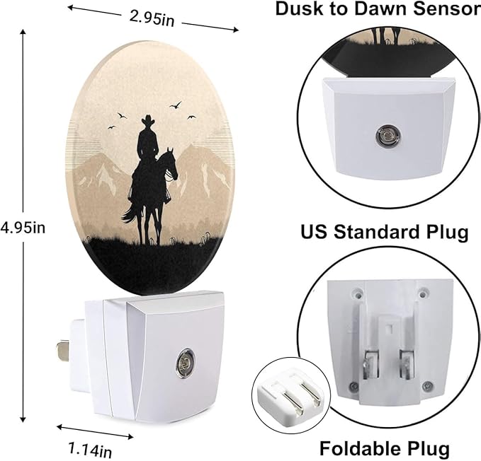 Plug-in Cowboy on Horseback Night Light Vintage Western Scene Night Lights Plug into Wall with Auto on/Off Sensor, 0.5W LED Nightlight for Bedroom Bathroom Kitchen Hallway