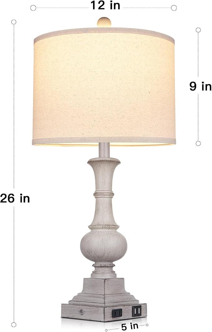 26" Tall Farmhouse Table Lamp for Bedroom, Vintage Touch Control Bedside Lamp for Living Room with USB A/C Charging Ports & AC Outlets,Rustic 3-Way Dimmable Nightstand Lamp for Side Table Antique Gray