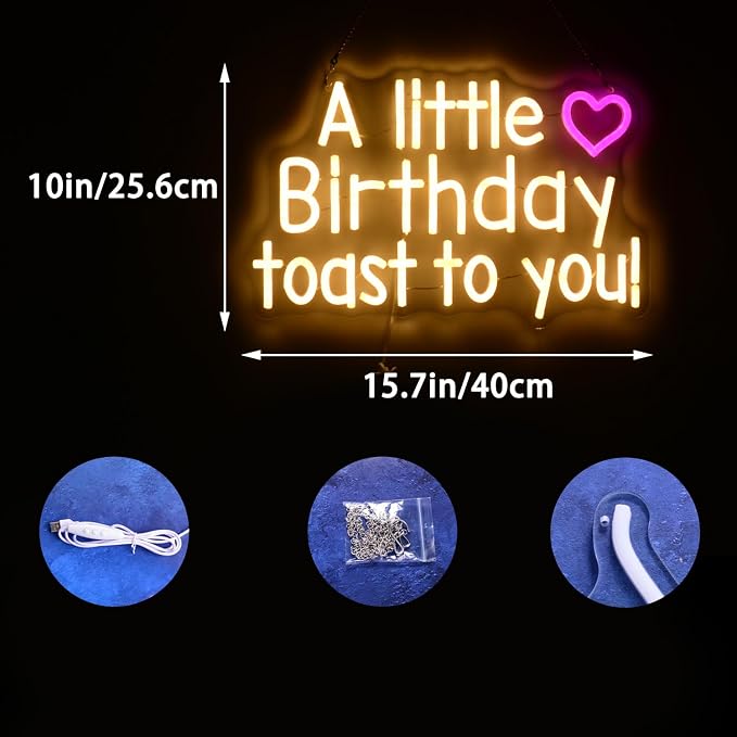 A little Birthday Toast to you Neon LED Sign Funny Happy Birthday Decorations Neon Lights for Men Women Friends Humor Lamp Perfect for Birthday Parties, Home Bar, Man Cave & Gift Giving