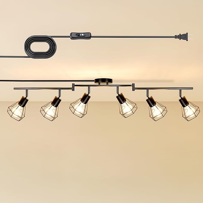 LTBLIGHT Plug in Track Lighting, 6-Light Rotatable Ceiling Light Fixture Black with 16.4ft Cord & On/Off Rocker Switch, Spotlight for Living Room Kitchen Bedroom, E26 Base