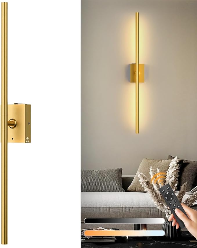 Eneru Battery Operated Wall Sconce 1 Pack, Gold Wireless Wall Light 31.5in | Rechargeable 10000mAh, Touch and Remote Control, 360° Rotate, 4CCT Dimmable, Wall Lamp for Living Room Bedroom Hallway