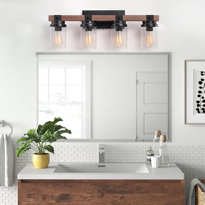 4-Light Farmhouse Vanity Lights Bathroom Lighting Fixtures Over Mirror | Faux Wood Rustic Wall Mount Light with Clear Seeded Glass Shade,Industrial Black Metal Wall Sconces for Bathroom Living Room