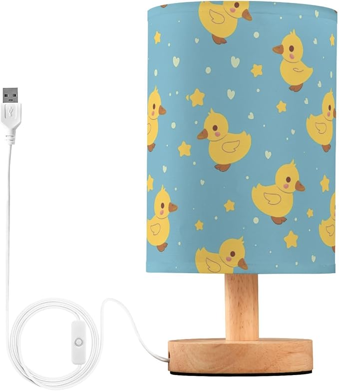 Hand Draw Yellow Duck and Hearts Stars Table Lamp for Bedroom USB Port Lamps Small Accent Table Lamp Nightstand Lamp Sturdy Linen Shade Wooden Base Decorative Lamps for Bedside Reading|Kids|Dorm|Home