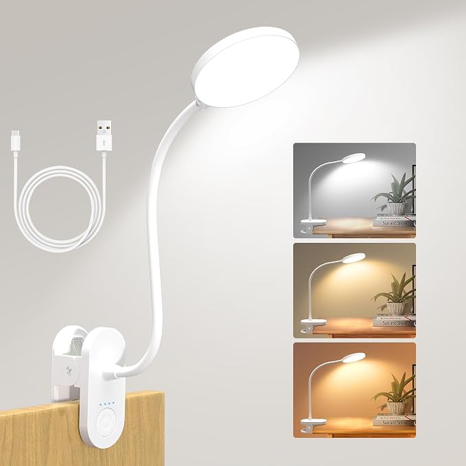 Rechargeable Desk Lamp with Clamp, 97 LED Bright Clip on Light with 3 Color & 10 Brightness, Cordless Desk Light for Home Office Bed Book Reading Crafting Sewing Drawing Knitting Puzzle (White/4.7'')