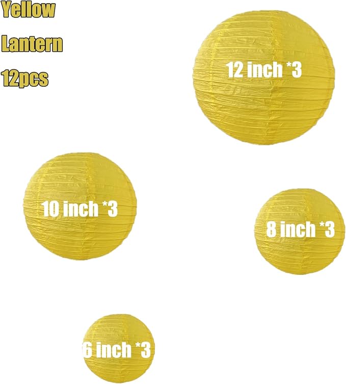 12Pcs 6,8,10,12 Inch Mixed Sizes Yellow Paper Lanterns Decorative Chinese, Japanese Hanging Round Paper Lanterns Lamp for Birthday, Wedding, Christmas, Bridal, Home Decor, Party Decoration