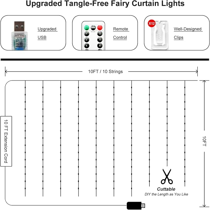 Fairy Curtain Lights Upgraded Tangle-Free Warm White USB Plug in 8 Modes String Hanging Lights with Remote for Christmas, Bedroom, Indoor, Outdoor, Weddings, Party (10FTx10FT)