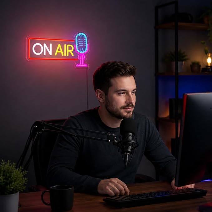 ON AIR Neon Sign with Microphone Neon Live On Air Sign for Recording Studio | ON AIR sign for streamers, podcasters, and content creators, suitable for streaming setups, recording spaces, and studios