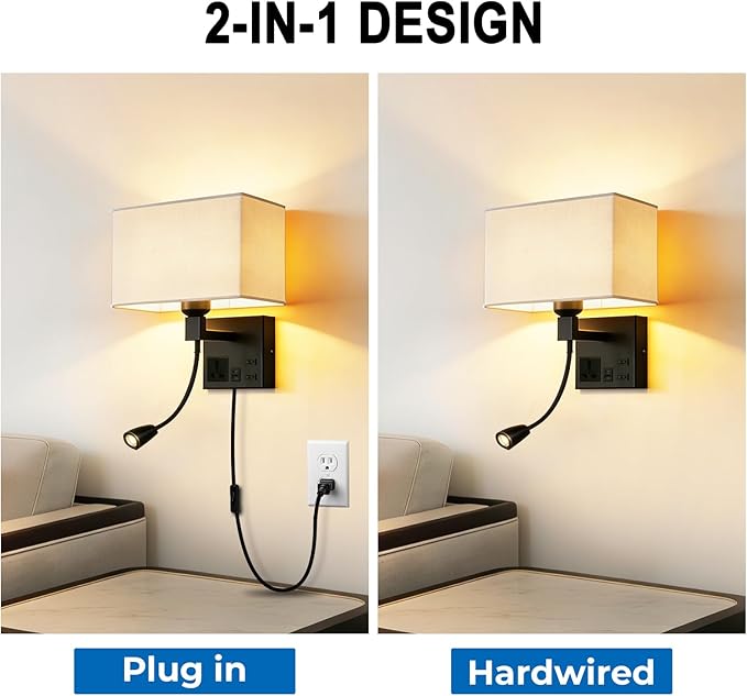 Plug in Wall Sconce, Bedside Wall Lamp for Bedroom with AC Outlet & USBA+C Charging Port, Wall Mounted Reading Light with 360°Adjustable, Black Headboard Lamps with 3 Color Temperature
