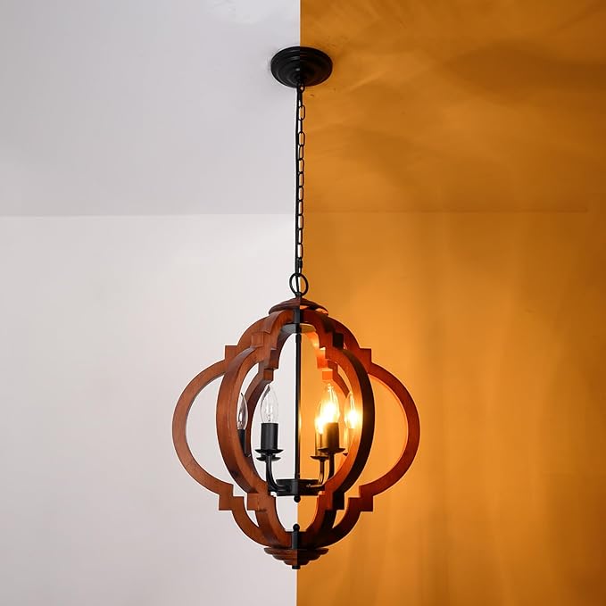 6-Light Farmhouse Chandelier, Red Wood and Black Metal Rustic Light Fixture, Industrial Dining Room Chandelier for Kitchen Island, Entryway, Foyer, Bedroom, Living Room