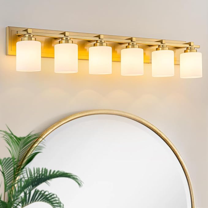 Modern Bathroom Light Fixtures Over Mirror, Vanity Lights for Bathroom Wall Sconces with Milky White Glass Shades, E26 Socket (Bulbs Not Included), 6 Light, Brass