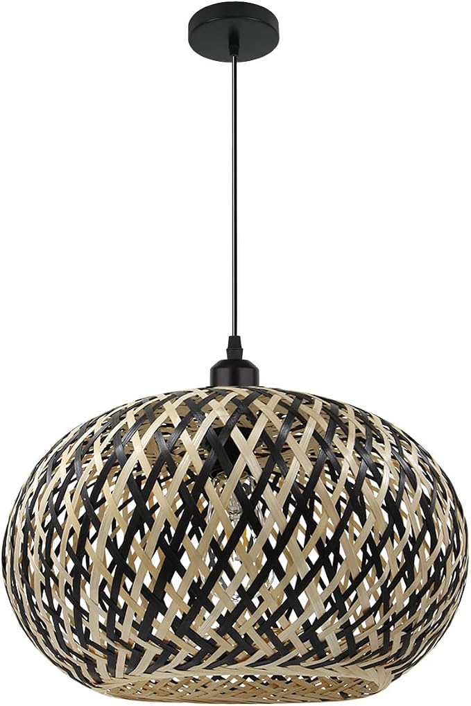 19.6“ Large Bamboo Pendant Light Fixtures Black Rattan for Kitchen | Boho Chandelier Hand Woven Wicke Ceiling Hanging Light, 59.5 Adjustable, Rustic Farmhouse for Stairway Dining Room Foyer