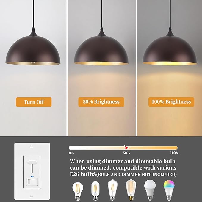 Farmhouse Pendant Light 2 Pack, Vintage Pendant Light Fixtures, 11.8 inches Dome Kitchen Pendant Lights, Industrial Pendant Lights for Kitchen Island Dining Room, Oil Rubbed Bronze Finish