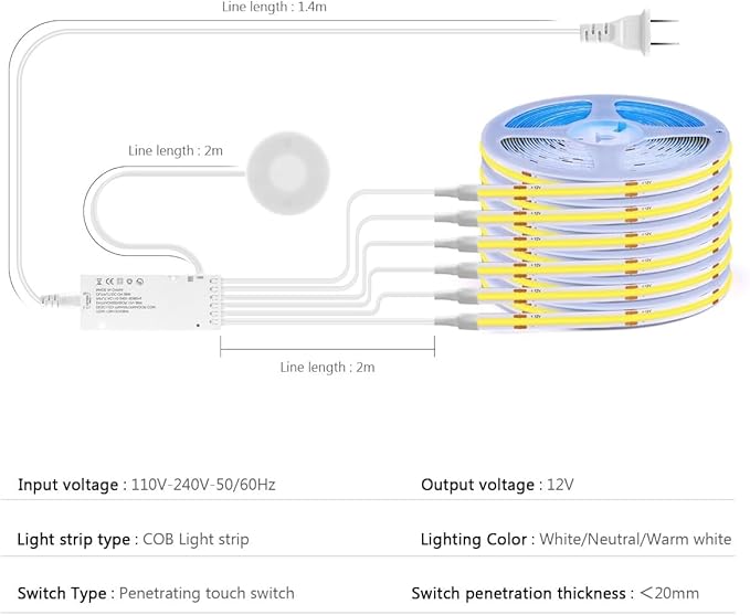 Cabinet Light COB LED Strip Lights 6-in-1 Dimmable Touch Control for Display Cabinets, Wardrobes, Kitchen, Wine Cabinets, Showcase & Shelf Lighting (Warm Light, 6.6ft)