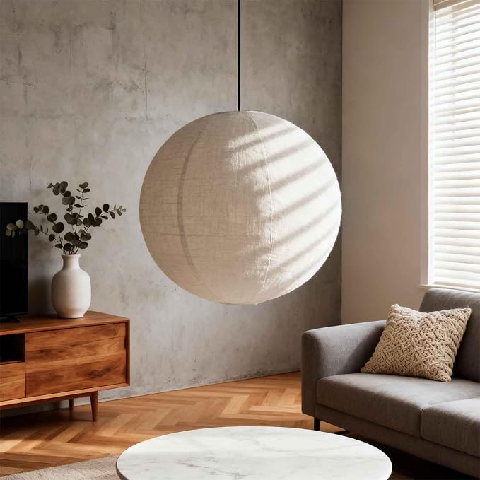 20 Inch Linen Plug in Pendant Light with 191 Inch Cord E26 Socket | Handcrafted, Round Hanging Lamp Shade, Natural, Boho, Japanese Wabi Sabi, Minimalist, Bedroom Living Room