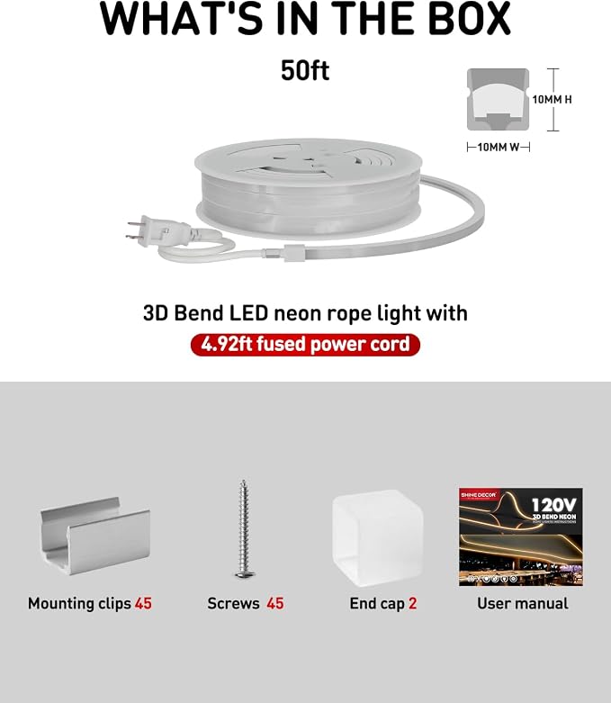 3D LED Neon Rope Light AC 120V 10x10mm, 6000K Cool White,50ft | Top & Side Bend, 400LM, Dotless, Driverless, IP65 Waterproof, Cold-Resistant, ETL Listed, Silicone Strip, for Home Commercial