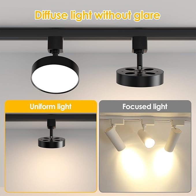 Diffuse LED Track Lighting Heads H Type Track Light Heads Dimmable Kitchen Track Lighting Fixtures Ceiling, Compatible with H Track Rails - Flicker Free CRI90+ 4000K 12W 1000lm, 6 Pack Black