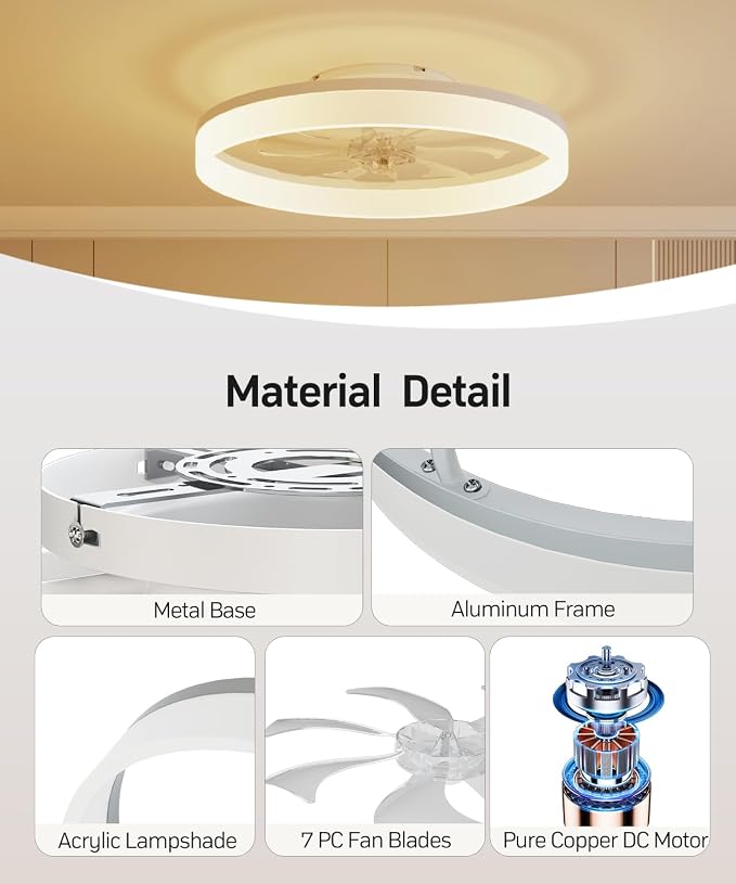 Smart Ceiling Fans with Light and Remote,20" Low Profile Ceiling Fan with 6-Speed & Dimmable LED, Alexa/APP Home Voice Control, App, Reversible Airflow, App Timer, for Bedroom（White）