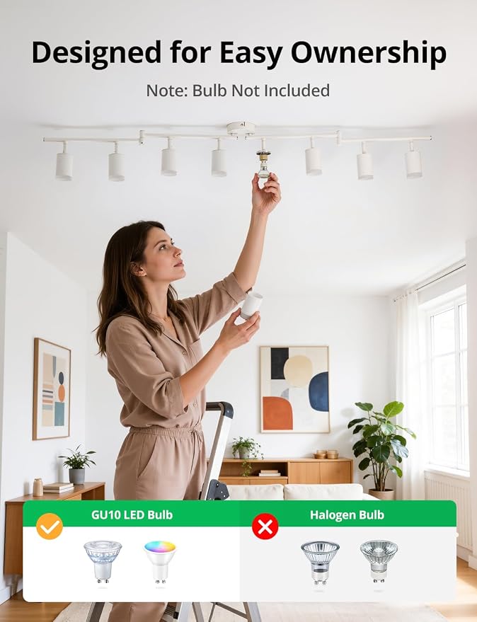 Bojim LED Track Lighting Fixtures Ceiling Mount for Kitchen, 8 Head Modern White Ceiling Light with Acrylic Ring, Rotatable Spot Lights for Dining Living Bedroom,GU10 Base (Bulbs Not Included)