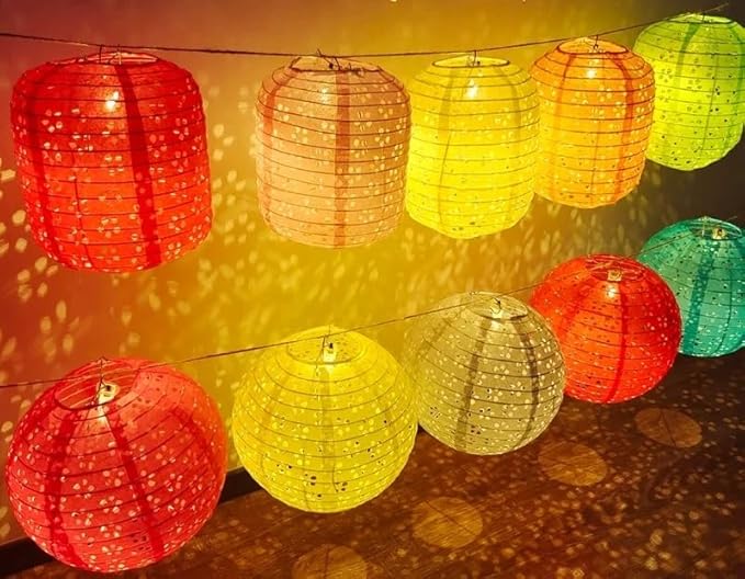 Set of 10 Paper Lanterns 8inches New Year Spring Festival Valentines Lanterns Variety Color with LED Lights, Hanging Paper Lanterns with Tassels Walking Sticks for Wedding Dinner Birthday Party Decor