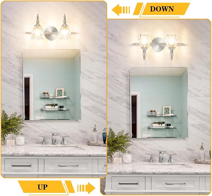 Vintage Vanity Light Fixtures for Bathroom, 2 Light Brushed Nickel Vanity Lighting Over Mirror, Bathroom Light Fixtures with Flower Clear Glass, Farmhouse Sconces Wall Lighting for Hallway