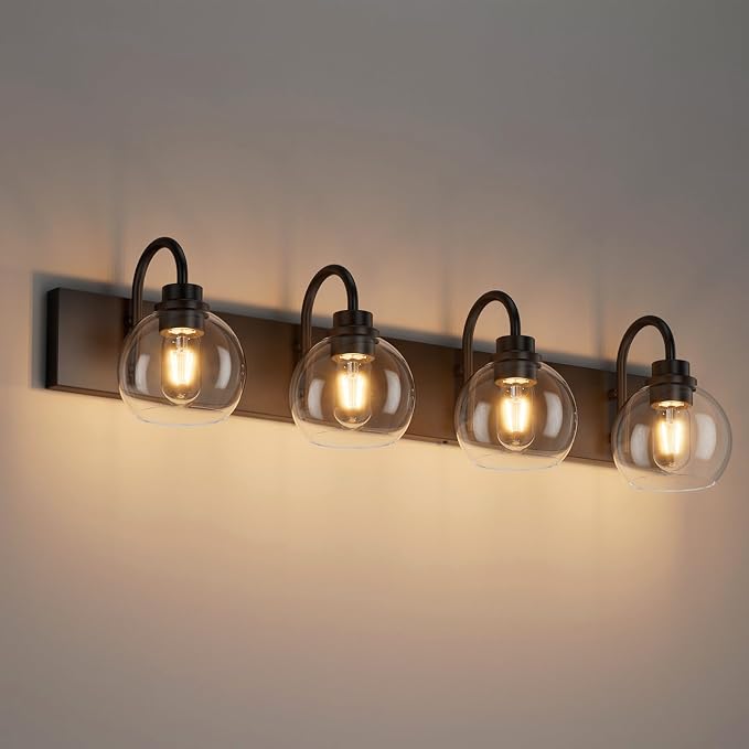 Vanity Light Fixtures With Clear Glass Shade, 4-Light Modern Lights Over Mirror, Black Wall Lamp for Bathroom, E26 Base