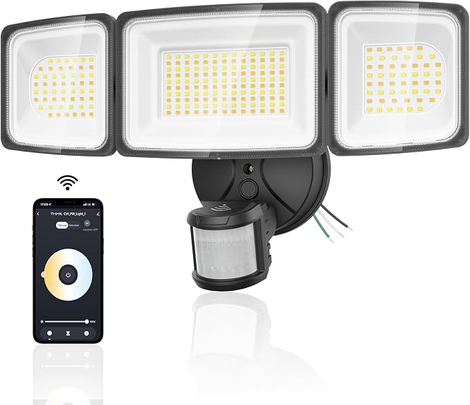 Onforu 100W Smart Outdoor Security Lights with Motion Sensor, WiFi APP Control, Compatible with Alexa & Google Assistant, 9000LM Dimmable LED Flood Light, 2700K-6500K, 3 Adjustable Heads, Black
