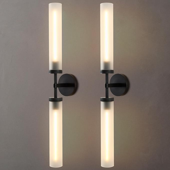 30" 2 Lights Hardwired Frosted Glass 2 PC Bathroom Wall Sconces, Handmade Knurled Black Wall Light Fixture,Modern Vanity Light for Living Room,Hallway, Bedroom, Indoor Sconces