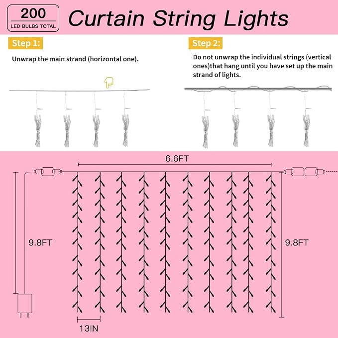 200 LED Pink Curtain String Lights 9.8x6.6FT, Plug in Fairy Lights, 9 Hooks, Dimmable Timer 8 Modes, IP44 Waterproof, Princess Girls Bedroom Wall Wedding Party Birthday Indoor Decor