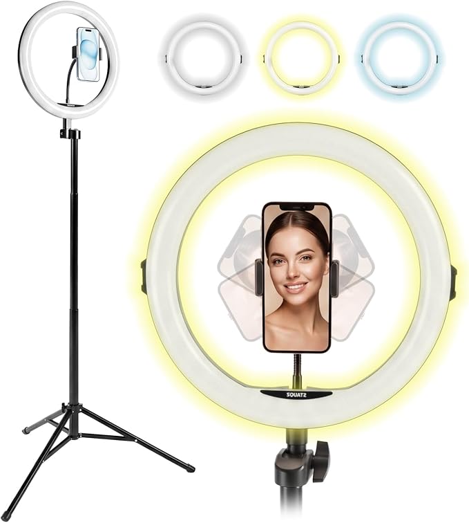 11’’ LED 12W Selfie Ring Light with Wired Control, 3 Color Modes, 10 Brightness Levels, Tripod Stand with 6 Sections, Phone Holder, Adjustable Brightness Levels for Influencers, YouTube, TikTok