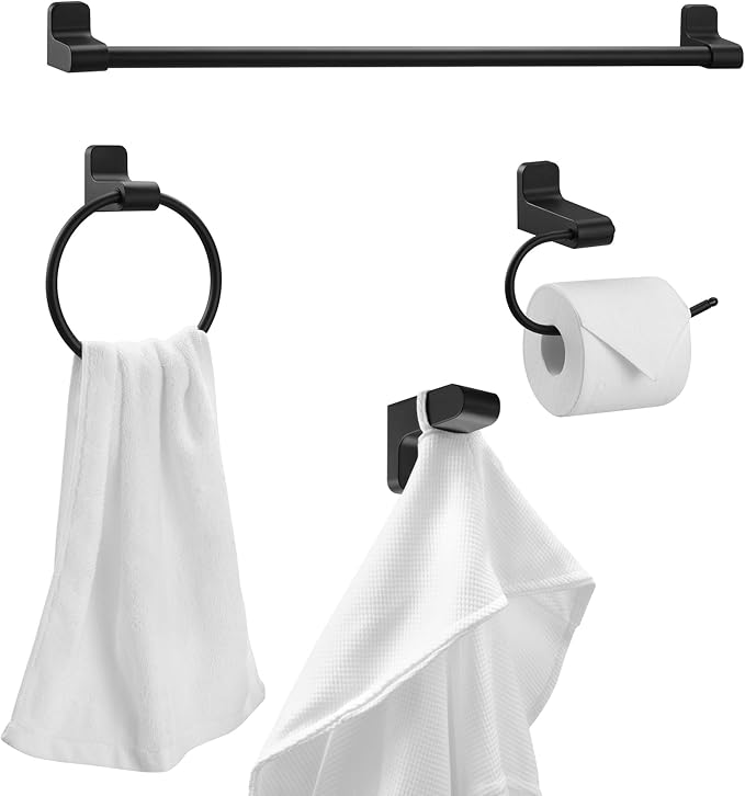 Globe Electric 63000206 5-Piece All-in-One Bathroom Set, 3-Light Vanity Light, Matte Black, Linen Shades, Towel Bar, Robe Hook, Toilet Paper Holder, Towel Ring, Bathroom Lights Over Mirror