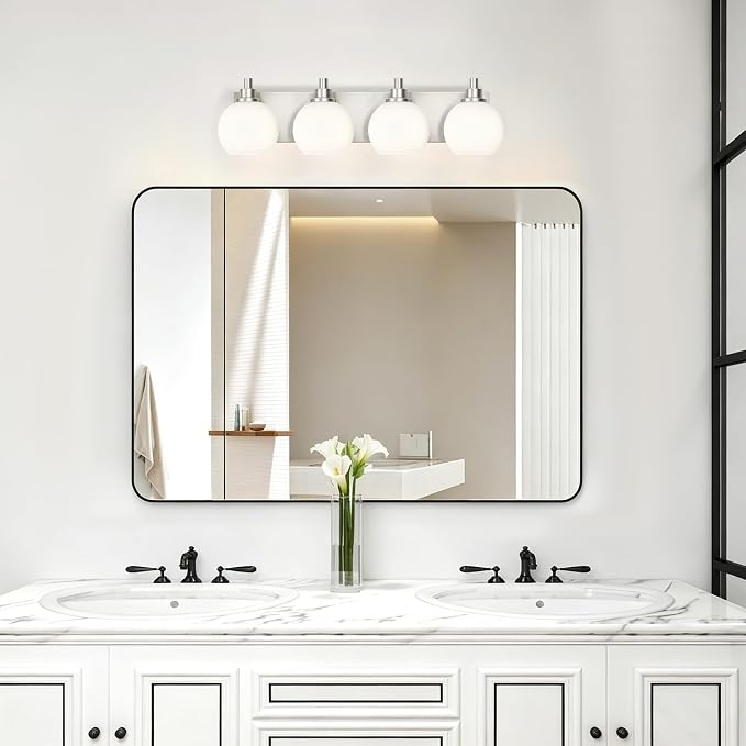 IZORRO Bathroom Light Fixtures, 4-Light Brushed Nickel Vanity Light, Modern Wall Sconces with Globe Milk White Glass Shade, Vanity Lighting Fixtures Over Mirror,E26 Bulb Socket