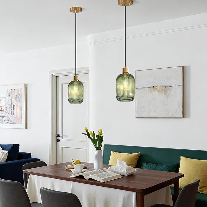 1 Pack Pendant Lights with Vintage Green Ribbed Glass Lampshade, Adjustable Brushed Gold Pendant Lights Fixtures for Kitchen Island Lighting Sink, Dining & Living Room Hallway (Bulbs Not Included)