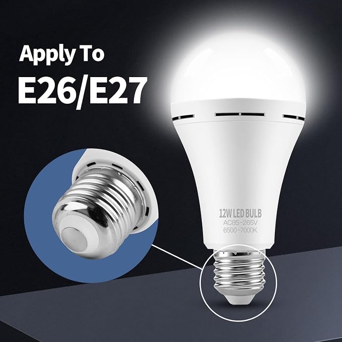Rechargeable Emergency LED Light Bulbs for Home Power Failure | Listed Battery Operated Light Bulb Power Outage Camping Reading Lighting Hurricane 12W 800LM E26 2 PK (Daylight)
