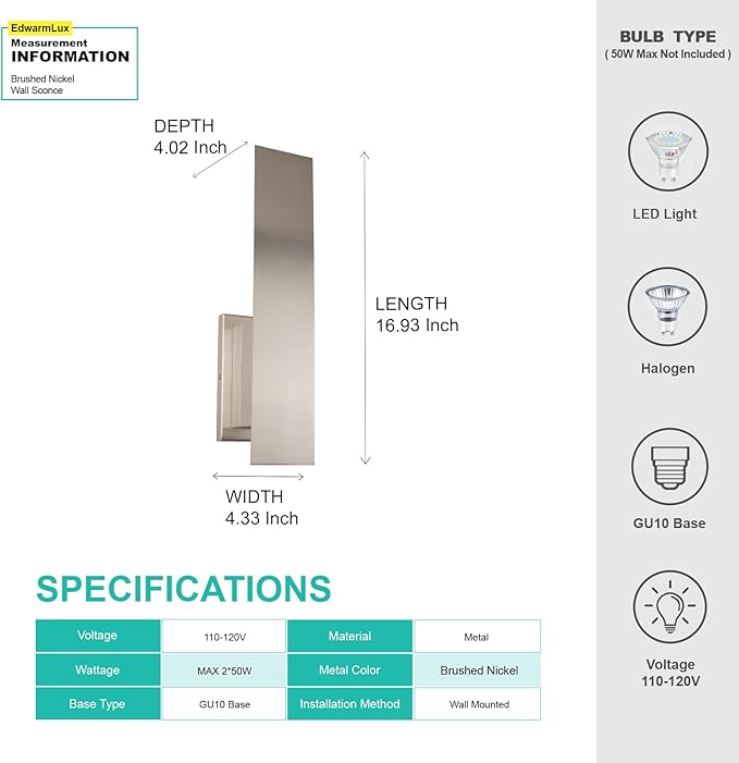 Indoor Wall Sconces, Modern Wall Lights, Up and Down Wall Mount Light, Dimmable Hardwired Wall Light for Bedroom, Living Room, Hallway, GU10 Bulbs Excluded, 2 Pack (Brushed Nickel)