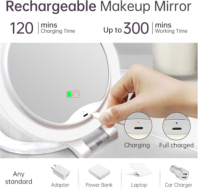 Famihomii Lighted Makeup Mirror, 30X Magnification for Precise Detail & 3 Color Dimmable Lights, Rechargeable Portable Travel Mirror with Long-Lasting 4000mAh Battery for Makeup, Skincare, Eyebrows