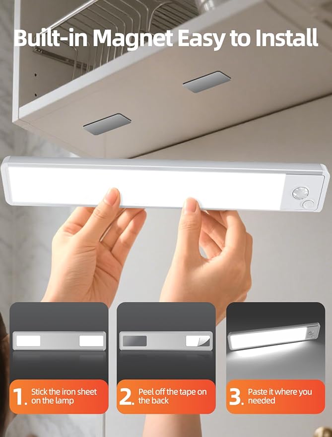 Under Cabinet Lighting: 8 Inch 3-Color Dimmable Rechargeable Motion Sensor Lights Indoor - Battery Operated Lights - Closet Light Magnetic Led Light for Kitchen Home Bathroom Counter 5 Pack