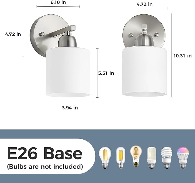 Brushed Nickel Bathroom Light, Anti-Rust Finish 2PCS Light Bathroom Vanity Light Brushed Nickel, Milky White Frosted Glass Shades, E26 Socket