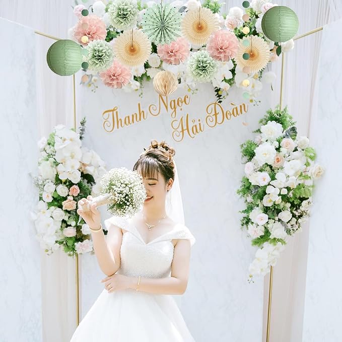 Sage Green and Blush Pink Party Decorations Paper Lanterns Sage Green Cream Paper Fans Light Pink Tissue Paper Pom Poms for Sage Green and Dusty Pink Birthday Baby Shower Bridal Shower Wedding