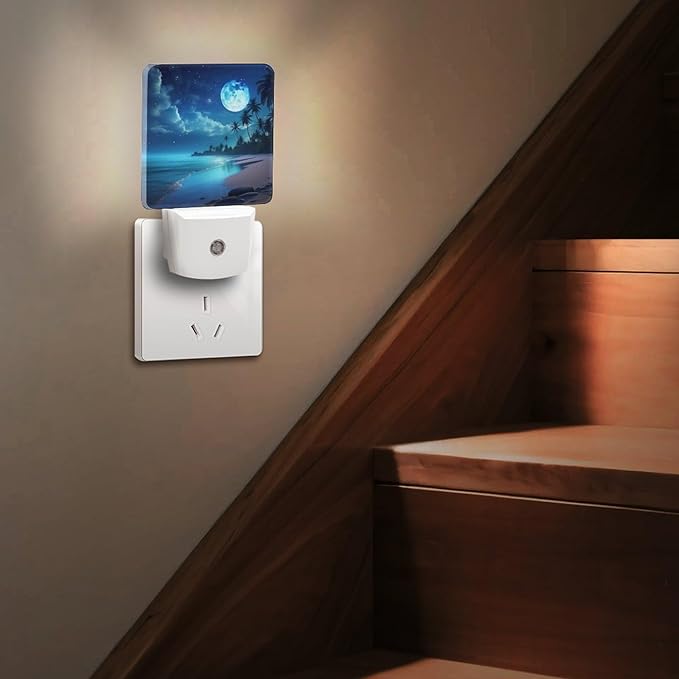 Moon Beach Night Light, Plug into Wall Decor Nightlights for Bedroom, Bathroom, Hallway, Kitchen, with Dusk to Dawn Light Auto Sensors LED Night Lights for Boys Girls Women Men Room Gifts