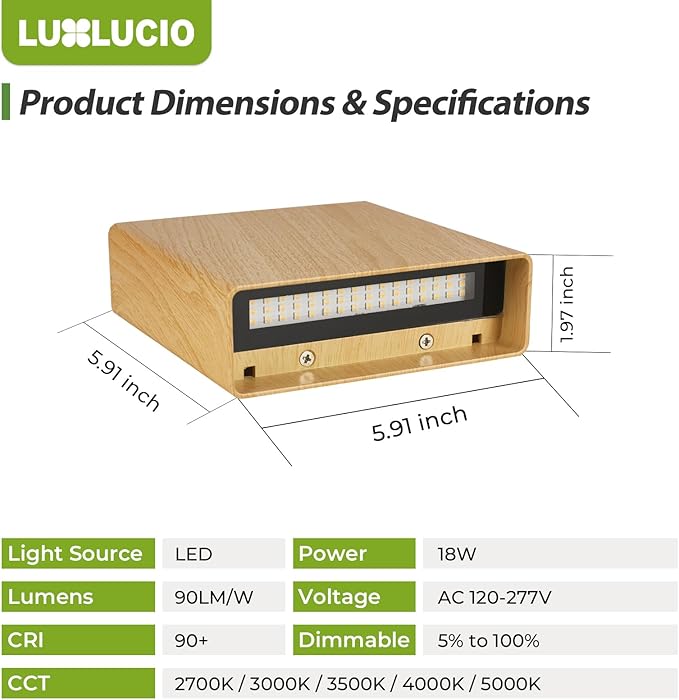 2 Pack Indoor Outdoor Natural Wood Grain Up and Down LED Wall Light, Modern Bedroom/Porch Wall Lamp, IP65 Waterproof, 5%-100% Dimmable 18W 1620lm, 5CCT (2700K-5000K), CRI 90+, 120V-277V