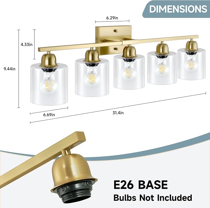 Modern Brushed Gold 5 Light Bathroom Vanity Light,31 inch Vanity Lights for Bathroom with Clear Glass for Mirror Kitchen Living Room Hallway Cabinet Porch
