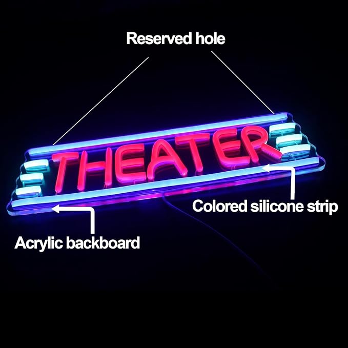 Theater Neon Sign - USB Powered LED Sign, 12x40cm | Retro Night Light, Home Theater Decor, Stage Backdrops, Cafe Bars