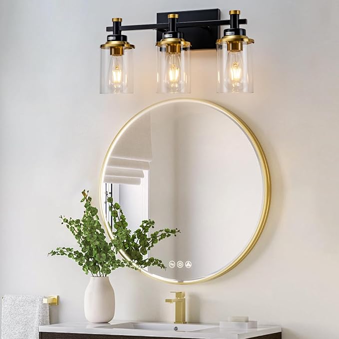 3 Light Bathroom Light Fixtures, Black and Brushed Gold Vanity Light Fixture Over Mirror, Modern Wall Sconces Lighting Wall Lamp for Bathroom, Bedroom, Hallway with Clear Glass Shade