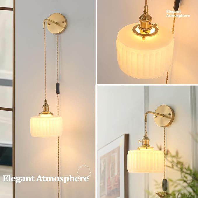 Shenmoyl Vintage Wall Sconce with White Striped Glass Shade Hanging Wall Sconce with 4.9FT Plug in Cord, Modern Wall Lamp Fixtures Decor for Bedside Bedroom Indoor Doorway, Set of 2