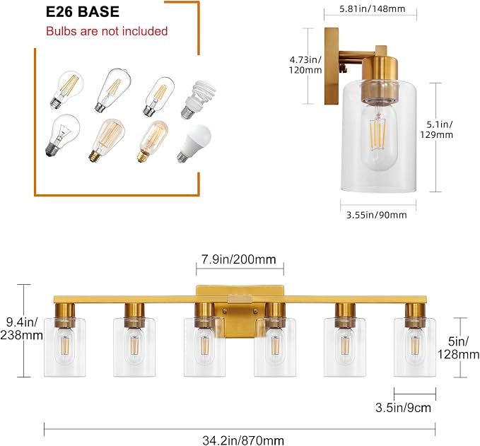Gold 6 Light Bathroom Vanity Light Brush Gold Bathroom Light Fixtures Brass Vanity Lights for Bathrrom Large Wall Sconce with Clear Glass Shade E26 Socket