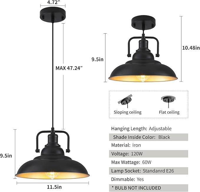 Black and Gold Pendant Light 12.5 inches 2 Packs, Farmhouse Pendant Light, Island Pendant Lights, Kitchen Island Pendant Lights, Pendant Lights Kitchen Island for Bedroom, Kitchen, Island