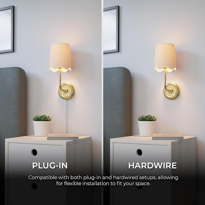 Novogratz x Globe 1-Light Hardwire or Plug-in Wall Sconce, Matte Brass, White Fabric Shade, in-Line Rocker Switch, 6 Ft Fabric Cord Included
